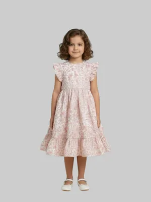 Girls Floral Print Ruffle Sleeve Fit & Flare Dress
