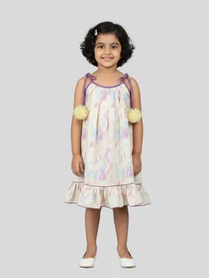 Girls Printed Shoulder Tie Sleeveless A-Line Dress with Pom Pom Detail