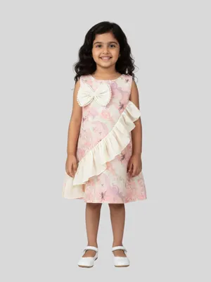 Girls Printed Sleeveless A-Line Dress with Ruffle & Bow Detail