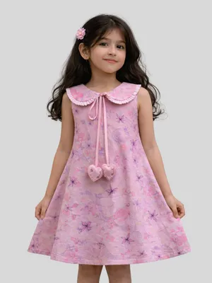 Girls Printed Sleeveless A-Line Dress with Peter Pan Collar & Heart Tassel Detail