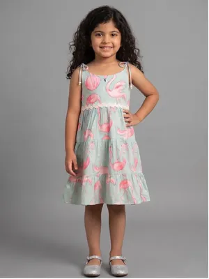 Girls Flamingo Print Shoulder Tie Tiered Dress