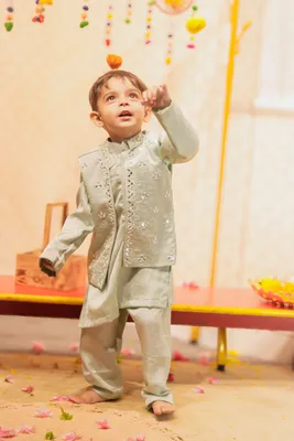 BLUE KURTA WITH MIRROR EMBROIDERED JACKET