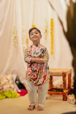 WHITE PRINTED COWL KURTA SET
