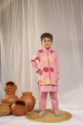 PINK KURTA EMBROIDERED JACKET WITH PANTS SET
