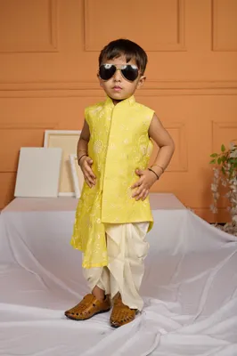STYLISH YELLOW THREAD EMBROIDERED KURTA DHOTI SET