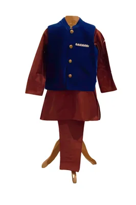 Silk Kurta Pyjama with Blue Velvet Jacket
