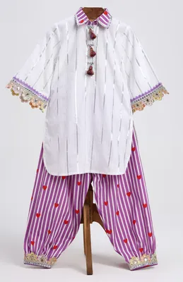 Silver lurex collar neck kurta with printed cotton salwar