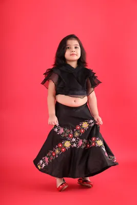 BLACK RUFFLED TOP WITH EMBROIDERED LEHENGA