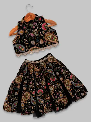 BLACK HEAVY THREAD EMBROIDERED TOP LEHENGA