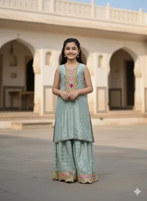 Viscose silk kurta with emb and embelished laces paired with a sharara