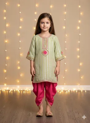 Viscose silk kurta detailed with gota embroidery paired with Flat raw silk dhoti