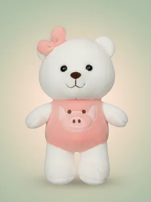 CuddleNest Plush Strawberry Lily Teddy Bear | White & Pink Soft Stuffed Toy with Ribbon for Kids & Girls | 35 CM