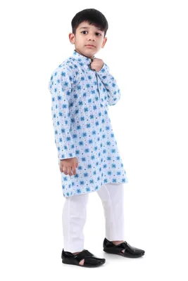 Boys Blue Ethnic Printed Kurta Pajama Party Set