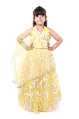 Girls Yellow Sequin Lehenga Choli Birthday 3 Piece