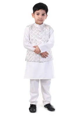 Boys Ivory Embroidered Kurta Koty Nehru Set 3 Piece