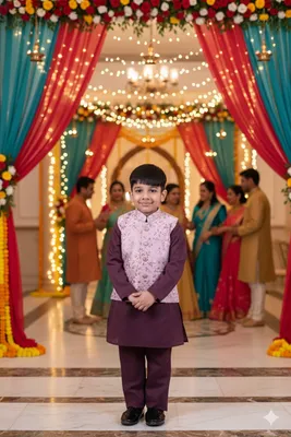 Boys Peach Embroidered Kurta Koty Nehru Set 3 Piece