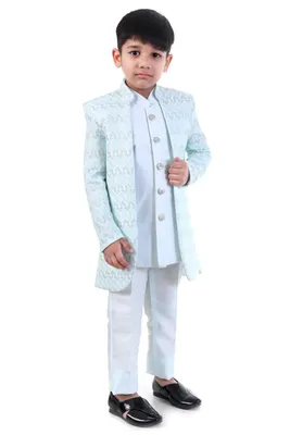 Boys Pista Green Embroidered Sherwani Set 3 Piece