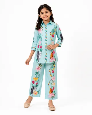 Aqua Blue Floral Printed Shirt Collar Co-Ords Set