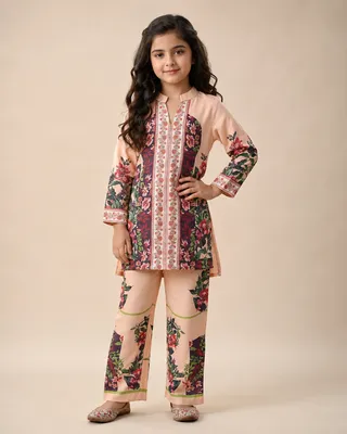 Peach Turkish Print Kurta Collar Co-Ords Set