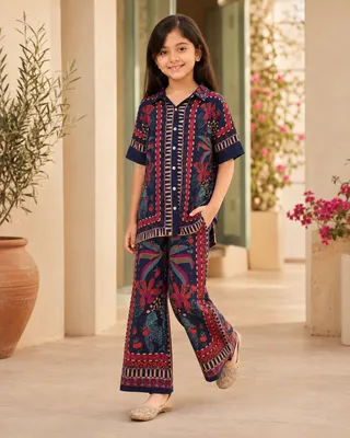 Navy Blue Printed Shirt Collar Co-Ords Set