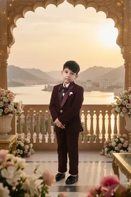 Boys Burgundy Wine Tuxedo Party Suit Set 5 Piece
