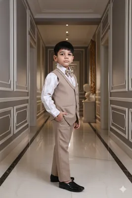 Boys Camel Embroidered Waistcoat Suit Set 4 Piece