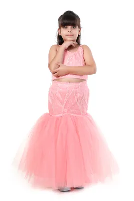 Girls Peach Fish Cut Sequin Lehenga Choli 2 Piece