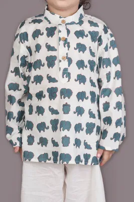 Kids Cotton Nightsuit – White Elephant Print Kurta & Pyjama Co-ord Set for Boys & Girls