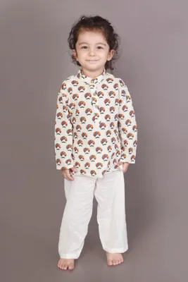 Kids Cotton Nightsuit – White Turban Print Kurta & Pyjama Co-ord Set for Boys & Girls