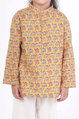 Kids Cotton Nightsuit – Yellow Camel Print Kurta & Pyjama Co-ord Set for Boys & Girls