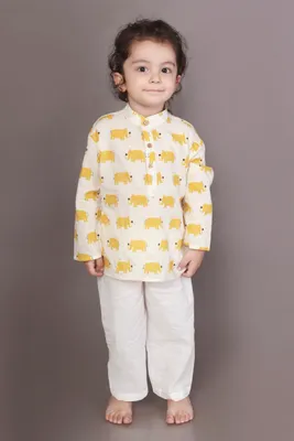 Kids Cotton Nightsuit – Yellow Elephant Print Kurta & Pyjama Co-ord Set for Boys & Girls