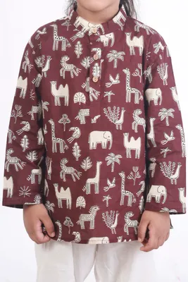 Kids Cotton Nightsuit – Wine Animal Print Kurta & Pyjama Co-ord Set for Boys & Girls