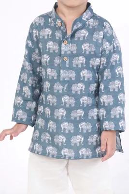 Kids Unisex Cotton Nightsuit – Grey Elephant Print Kurta & Pyjama Co-ord Set