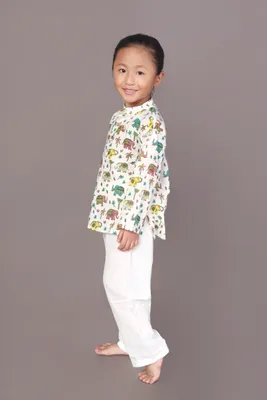 Kids Cotton Elephant Print Kurta Pyjama Nightsuit - White | BREATH:ABLES