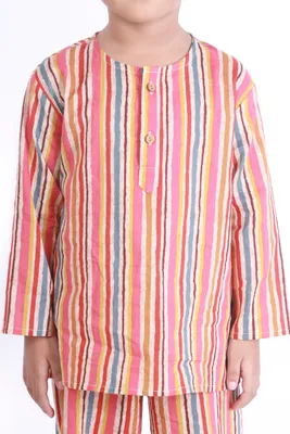 Kids Cotton Stripes Print Kurta Pyjama Nightsuit - Multicolor
