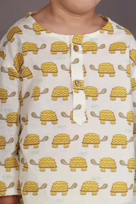 Kids Cotton Turtle Print Co-ord Nightsuit with Kurta and Pyjama – White & Yellow