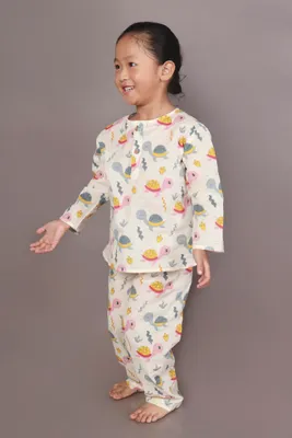 Kids Cotton Turtle Print Co-ord Nightsuit – White & Multi-Color
