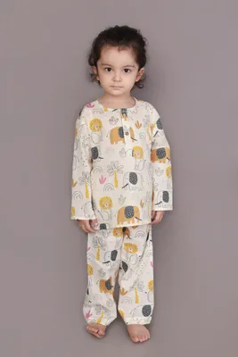 White Animal Print Cotton Nightsuit Set | Unisex Kids Sleepwear