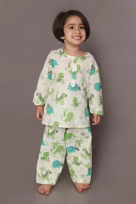 White Blue-Green Animal Cotton Nightsuit | Unisex Kids