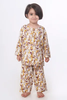 Sunny Yellow Animal Print Cotton Nightsuit for Kids