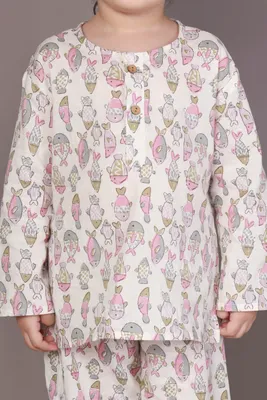 White & Yellow Tortoise Cotton Nightsuit Set For Kids
