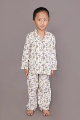 Kids Cotton White Mushroom Print Shirt & Pyjama Unisex Nightsuit
