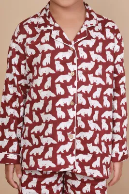 Kids Cotton Nightsuit – Maroon Cat Print Shirt & Pyjama Co-ord Set for Boys & Girls
