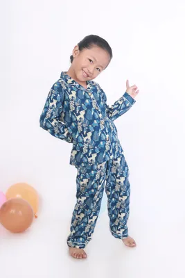 Kids Cotton Nightsuit – Blue Jungle Print Shirt & Pyjama Co-ord Set for Boys & Girls