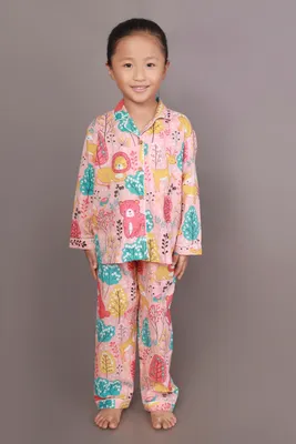 Kids Cotton Nightsuit – Peach Lion & Teddy Shirt & Pyjama Co-ord Set for Boys & Girls
