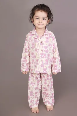 Kids Cotton Nightsuit – White & Pink Teddy Shirt & Pyjama Co-ord Set for Boys & Girls