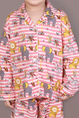 Kids Cotton Nightsuit – Red & White Jungle Stripe Shirt & Pyjama Co-ord Set for Boys & Girls