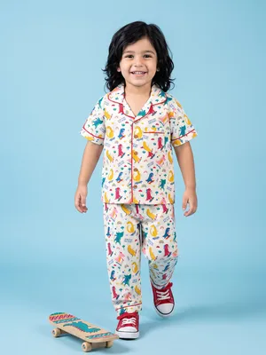 Kids White Dino Print Cotton Nightsuit Co-ord Set For Boys and Girls