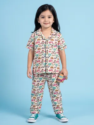 Kids White Bus & Cars Print Cotton Nightsuit Co-ord Set for Boys and Girls