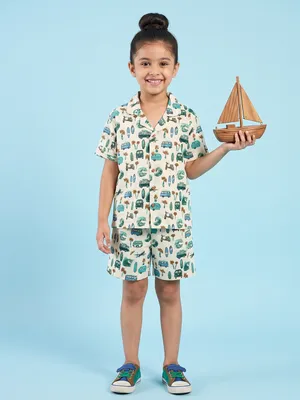 Kids White Blue Beach Inspired Cotton Nightsuit Shorts Co-ord Set For Boys and Girls
